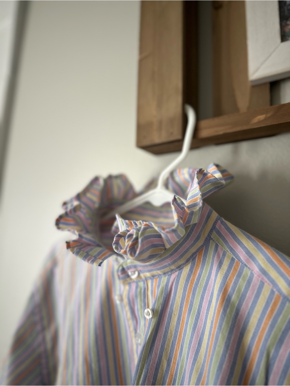 Ralph Lauren Pastel Multistripe Ruffle-Collar Button Shirt Upcycled - Picture 2 of 4